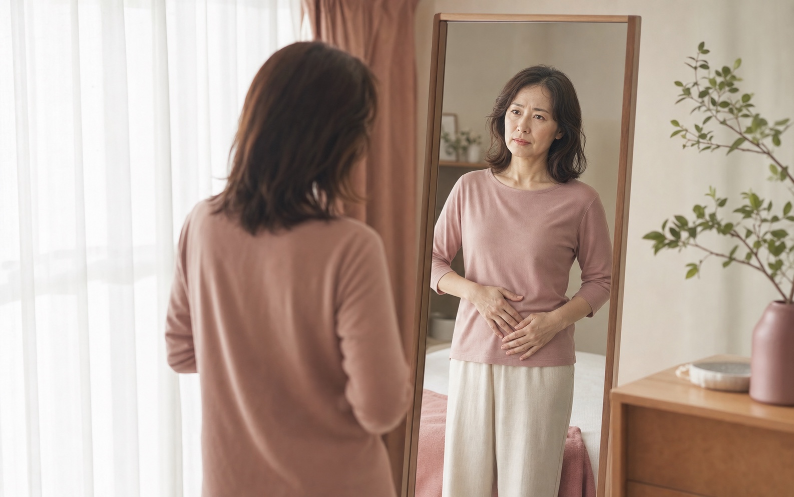 鏡の前で自身の体型に悩む40-50代女性